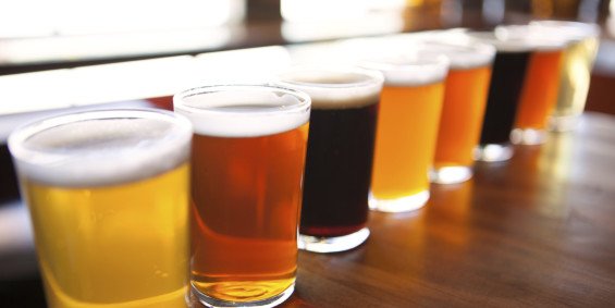 Eight beer samplers lined up on a table